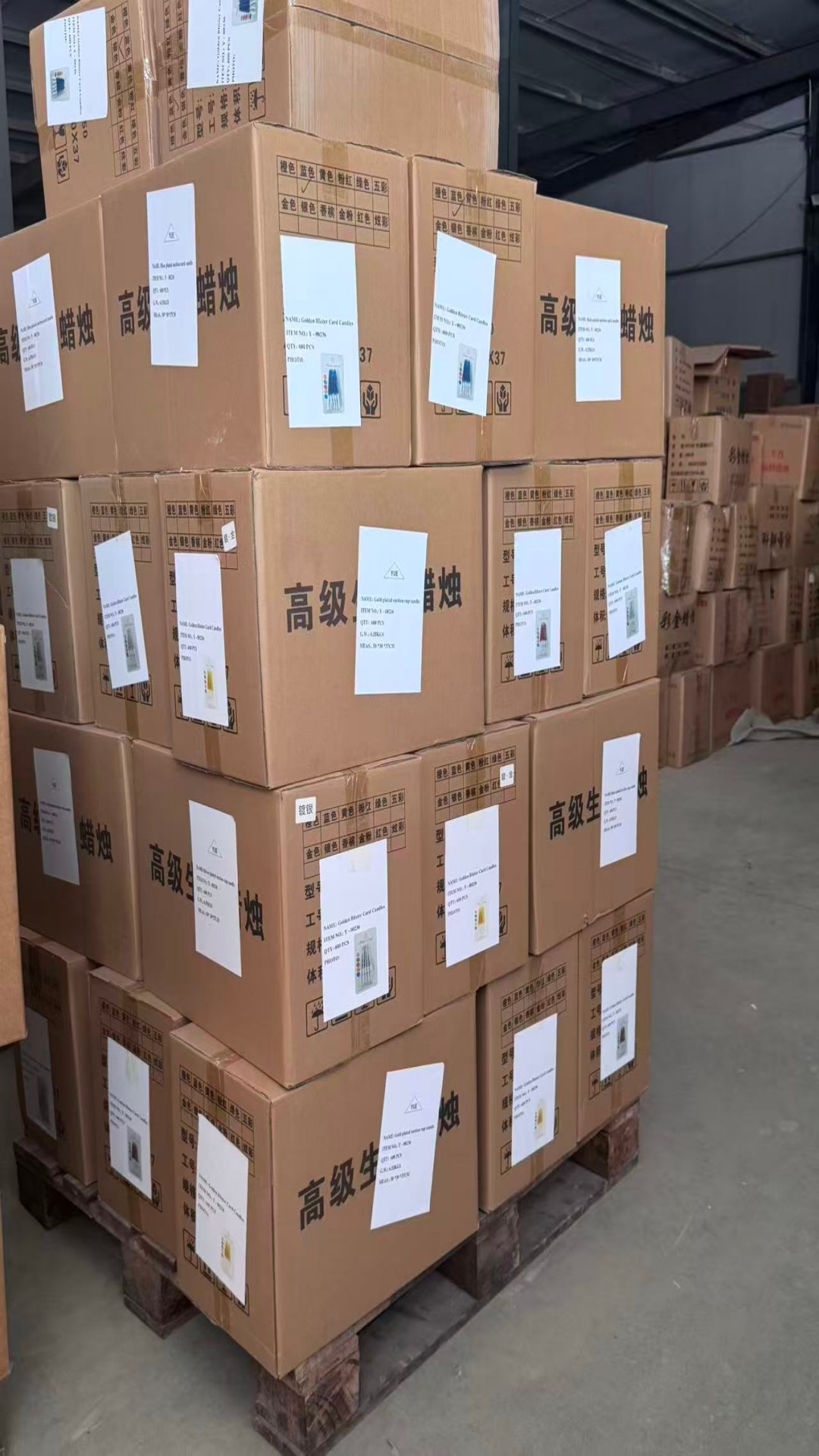 Bulk birthday candle cartons prepared for shipment